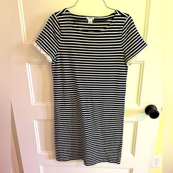 J Crew Blue and White Stripe Breton Preppy Shirt Dress Ruffle Sleeve size Small - Picture 1 of 4